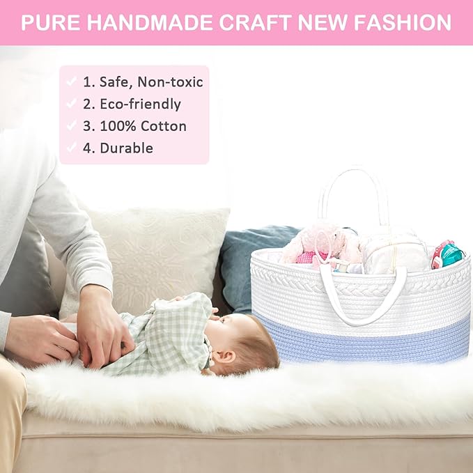 ABenkle X-Large Diaper Caddy Organizer - Cotton Rope Nursery Storage Basket for Baby Essentials, Boys & Girls Shower Gift, Changing Table Organizer
