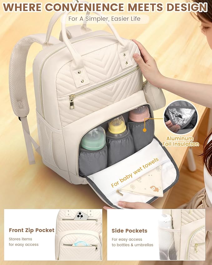 Pritent Diaper Bag Backpack,Baby Essentials Diapers Bag with Pacifier Case,Multipurpose Stylish Large Capacity Travel Backpack for Baby Girl/Boy(M-Beige)