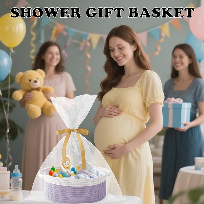 Small Woven Rope Basket-Empty Gifts Basket with Bag and Ribbons,Cute Handle Organizer Box for Birthday/Baby Shower, Toy Storage, Nursery Organizing & Shelf Decor(White&Purple)