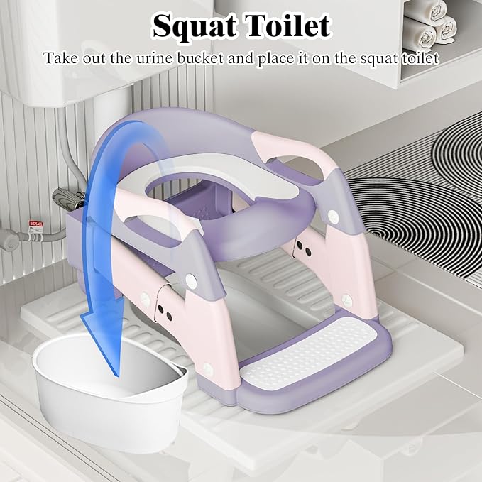 DEEKI 3 in 1 Potty Training Seat with Step Stool Ladder Foldable Anti-slip Toilet Chair Potty Seat for Toddlers Kids Boys Girls(Purple)