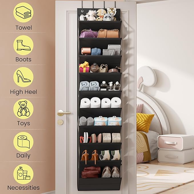 Mefirt 10 Tier Clear Over the Door Shoe Organizer with Deep Pockets, Door Shoes Rack with Hard Tube to Keep the Shape, Hanging Shoe Rack for Closet Organizers & Storage, Behind Door Shoe Holder Black