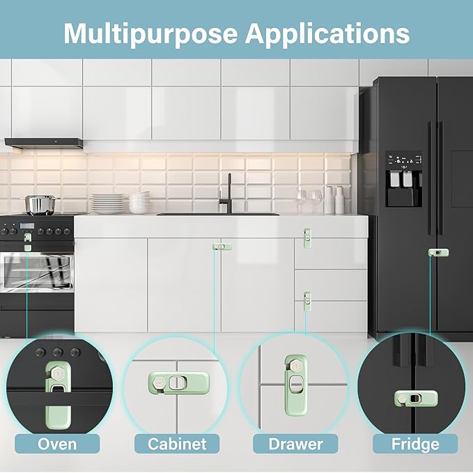 Heart of Tafiti 5 Pack Childproof Refrigerator Lock, French Fridge Door Latches, Baby Safety Locks for Cabinet, Cupboard, Drawers, Dishwasher, Oven, Closet, Strong Adhesive-Easy to Install, Green