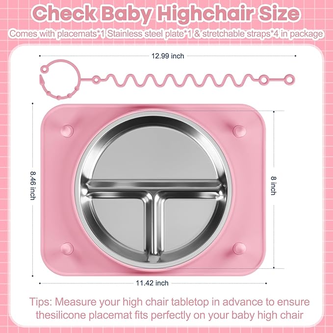 Baby Silicone Mat with Stainless Steel Divided Plate – Non-Slip Suction Base & 4 Straps to Secure Baby Essentials, BPA-Free Self Feeding Placemat for Infants Toddlers High Chair & Dining Table