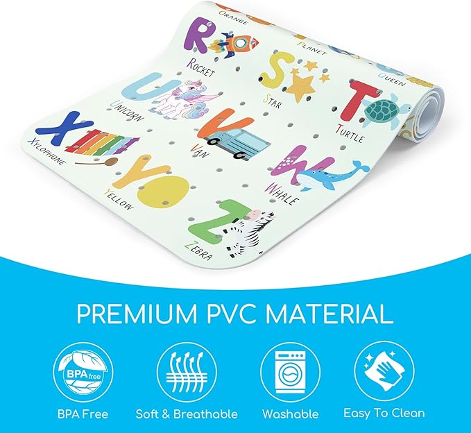 Omedecal Baby Bath Mat for Tub, Non Slip Kids Bath Shower Mat, 40 X 16 Inch Large Bathtub Mat with Drain Holes and Suction Cups for Toddlers, Machine Washable and Waterproof (Alphabet)