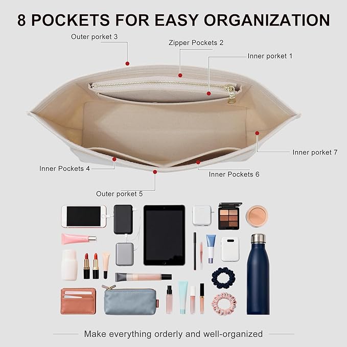 Premium Felt Purse Organizer Insert for Longchamp Le Pliage M Top Handle Tote Bag, Lighweight Long Champ Medium Tote Divider with Zipper Pocket,Bags Storage Shaper with 7 Pockets,SM/Beige