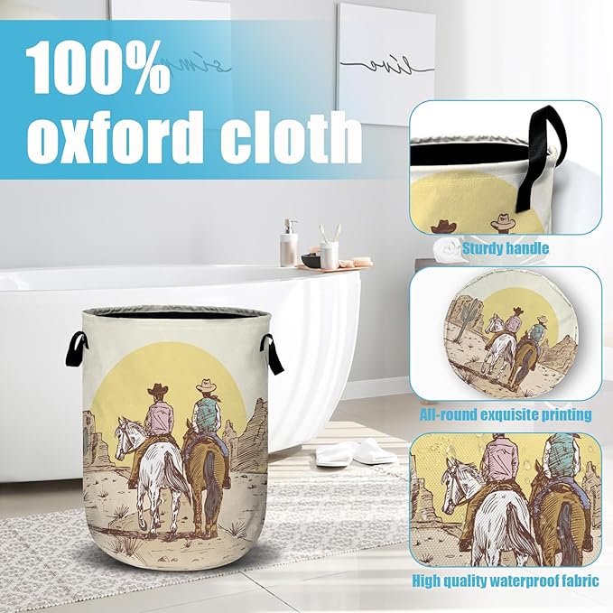 Cowboys Riding Horses Laundry Basket, Laundry Hamper Collapsible Oxford Cloth with Handle Clothes Toy Storage Bin for Bathroom Laundry Room Bedroom 15.7 X 20 Inch
