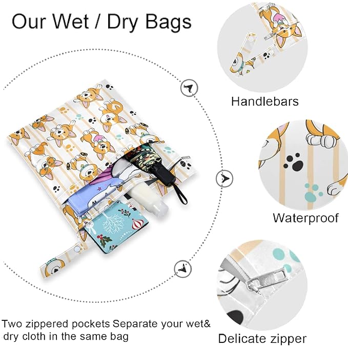 visesunny Corgi Dog 2Pcs Wet Bag with Zippered Pockets Washable Reusable Roomy for Travel,Beach,Pool,Daycare,Stroller,Diapers,Dirty Gym Clothes, Wet Swimsuits, Toiletries