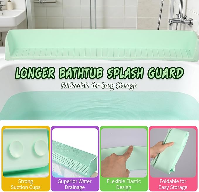 Splash Guard for Bathtub Kids - Silicone Bathtub Splash Guard with 11 Suction Cups, Bath Tub Play Shelf for Kids & Toy Holder, Prevent Water Spill in Bathroom, Fun Bath Time for Toddlers Baby(Green)