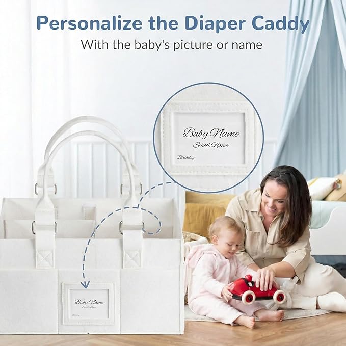 Diaper Caddy Organizer, Newborn Essetials Must Haves, Baby Registry Search and Other Baby Stuff, Collapsible Baby Basket with Handle and a Photo Frame, White, 11.8 x 6.3 x 9.0 inch