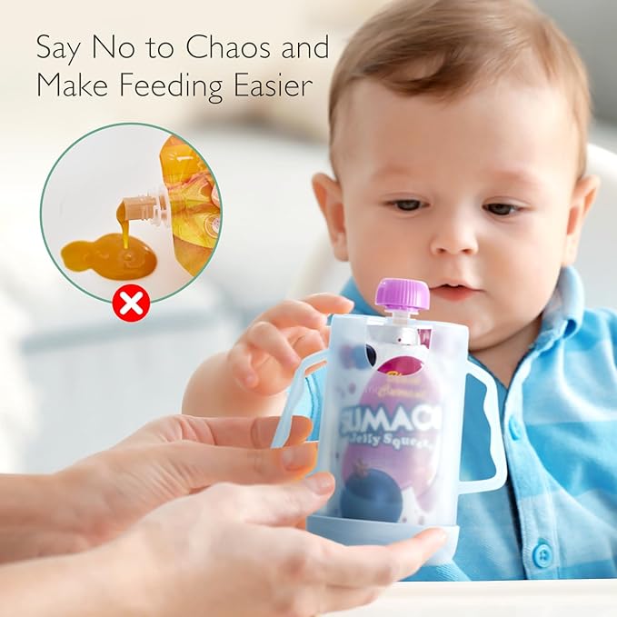 Momcozy Baby Pouch Holder No Squeeze, Baby Food & Juice Box Holder, Mess-Free, Easy Grip for Self-Feeding, BPA-Free & DEHP-Free, Must-Have for Babies, Blue (Pack of 2)