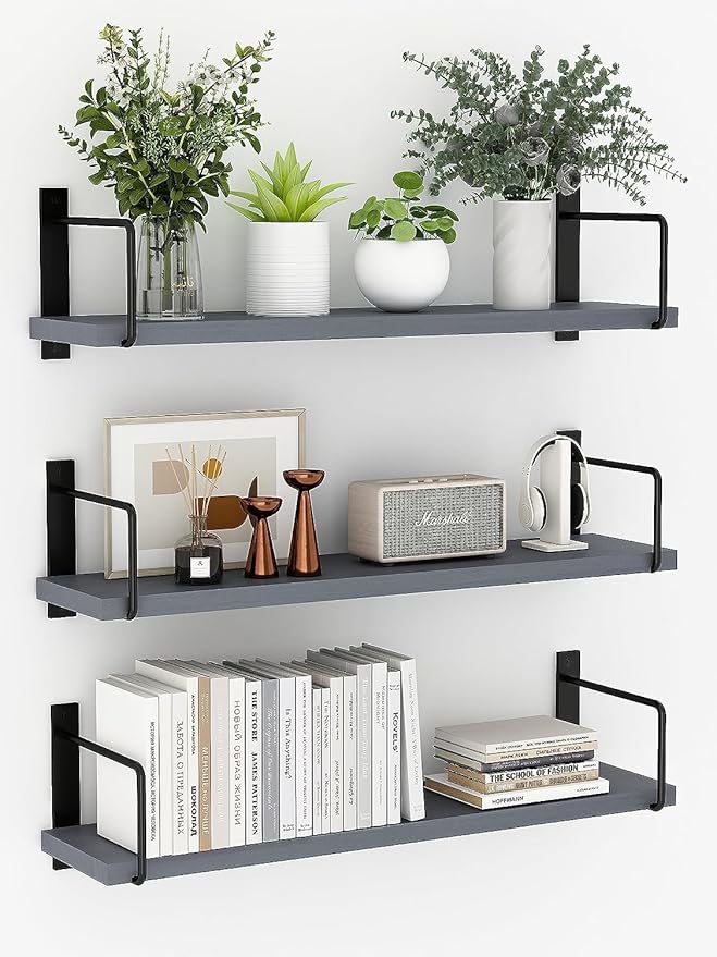 Floating Shelves - 24 Inch Wall Mounted Set of 3, Rustic Wood Storage Shelves for Living Room (Grey)