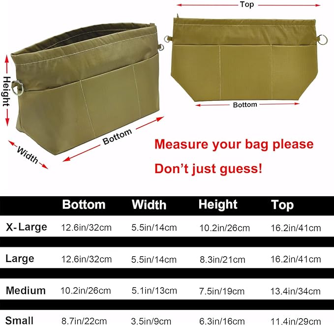 Time Wing Handbag Tote Purse Organizer Insert Bag Liner Shaper Pocketbook Divider Zipper 11 Pockets Compartments Medium Khaki Green