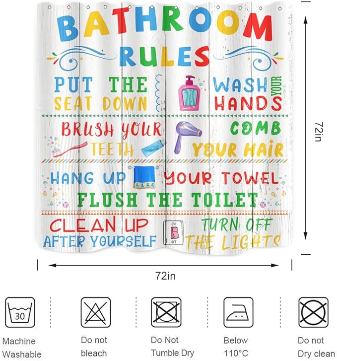 Kids Bathroom Rules Shower Curtain Cute Colorful Quotes Wood Planks Words Funny Teen Boy Girl Restroom Bathtub Decor Waterproof Cloth Fabric 72Lx72W inch with 12PCS Hooks