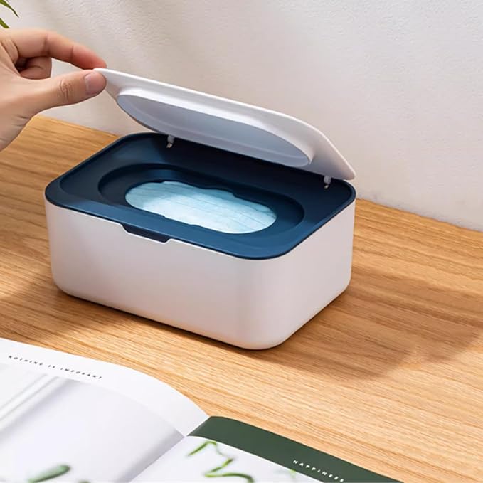 Wipes Dispenser with 2Pcs Portable Refillable Wipe Holder,Reusable Large Wipe Holder Box Flushable Wipes Case Bathroom Wipes Container for Pet Nursery Kitchen Office Counter(White-Blue)