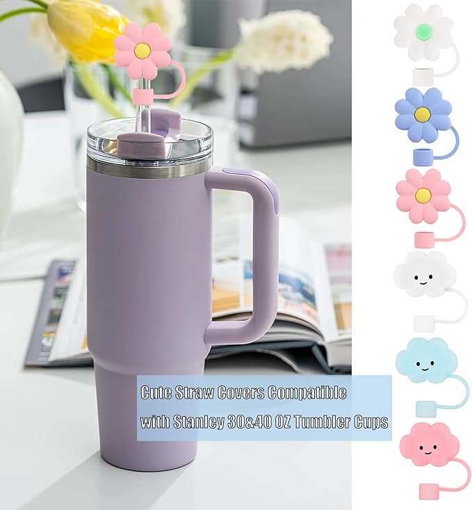6Pcs Silicone Straw Covers Cap Compatible with Stanley 30&40 Oz Tumblers,0.39in/10mm Cute Cloud & Flower Straw Toppers for Stanley Cup Accessories,Reusable Dust-Proof Drinking Straw Tips Lids