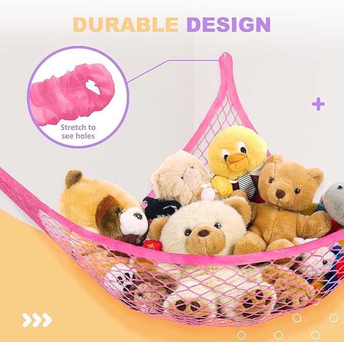 Lazebox Stuffed Animal Net Hammock for Plushie Toys, Stuffed Animal Hammock Corner for Kids' Room Decor, Ideas for Organizing Stuffy Collection, Pink, L (67" x 40" x 40")-Pack of 1