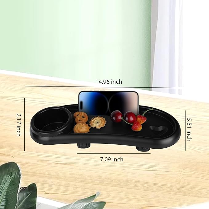 Universal Stroller Snack Tray with Cup Holder and Silicone Flexible Arms Gripper, Black Adjustable BPA-Free Non-slip Snack Tray for Stroller Accessories Easy to Clean