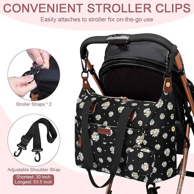 Diaper Bag Tote - Diaper Baby Bags with Pacifier Case, Shoulder Straps, Stroller Clips, Waterproof Large Mommy Maternity Travel Baby Bag for Mom and Dad, Daisy, Medium