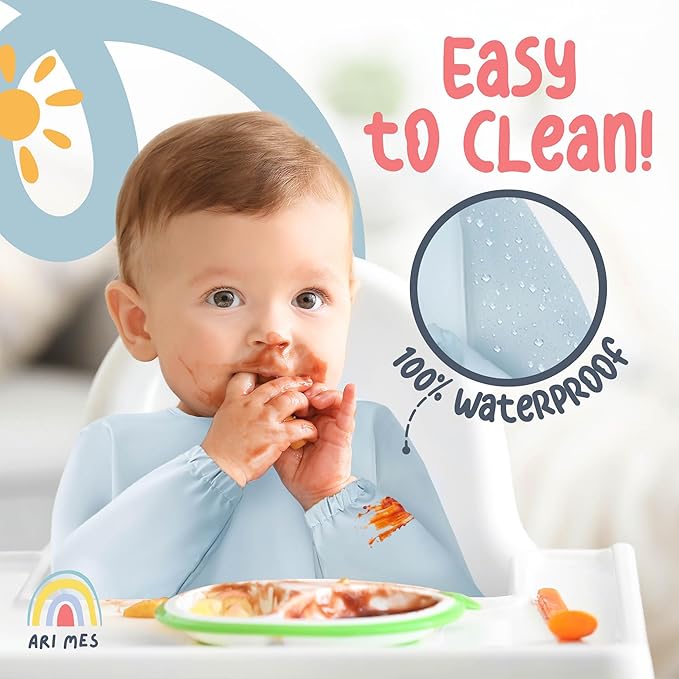 ARI MES Long Sleeves Waterproof Baby Bibs for Eating - Pink Stripes, Small - Wearable, Coverall for Toddler, Long Sleeve Bib, Smock Apron for Feeding - Applicable for 6-72 Months