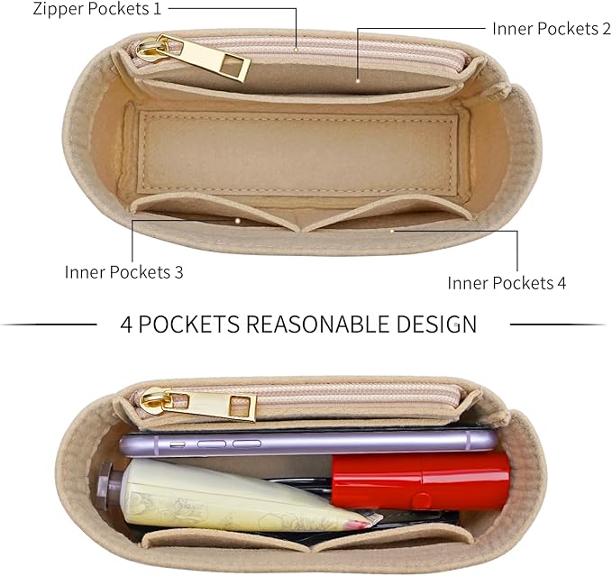 LOUKAYCCI Felt Purse Organizer Insert for Longchamp Mini bag Wihte Zipper Insert (Zipper Beige, Mini)