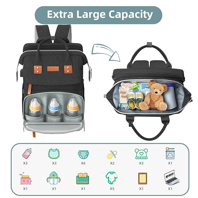 ISMGN Diaper Bag Backpack with Changing Station, Large Diaper Bag, Baby Bag, Multifunctional Diaper Bag, Black