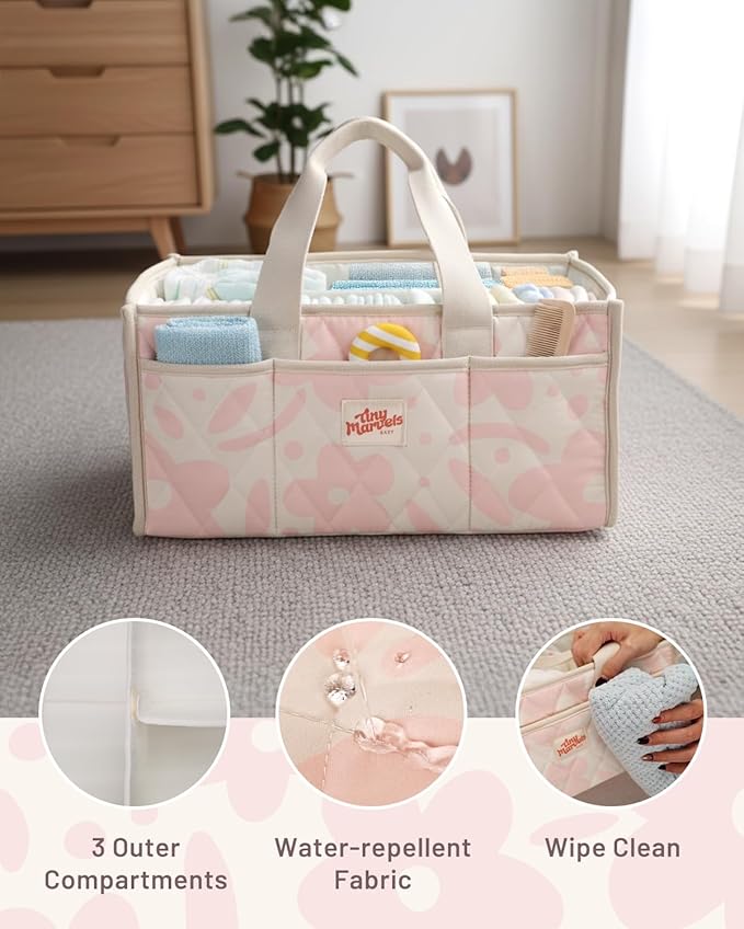 Tiny Marvels Diaper Caddy Organizer for New Parents, Baby Diaper Caddy with Water-Resistant Fabric, Structured Diaper Caddy Basket for Nursery, Car & Travel