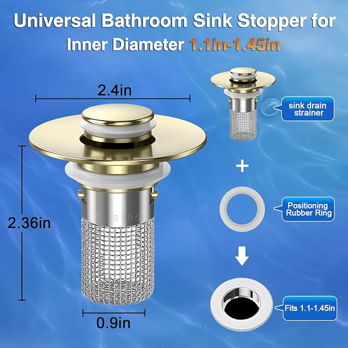 Sink Stopper Hair Catcher,(3PCS) Pop-up Sink Drain Strainer with Removable Stainless Steel Strainer Basket Hair Catcher, Bathroom Sink Strainer for Bathroom Sink Stopper Replacement (3, Brushed Gold)