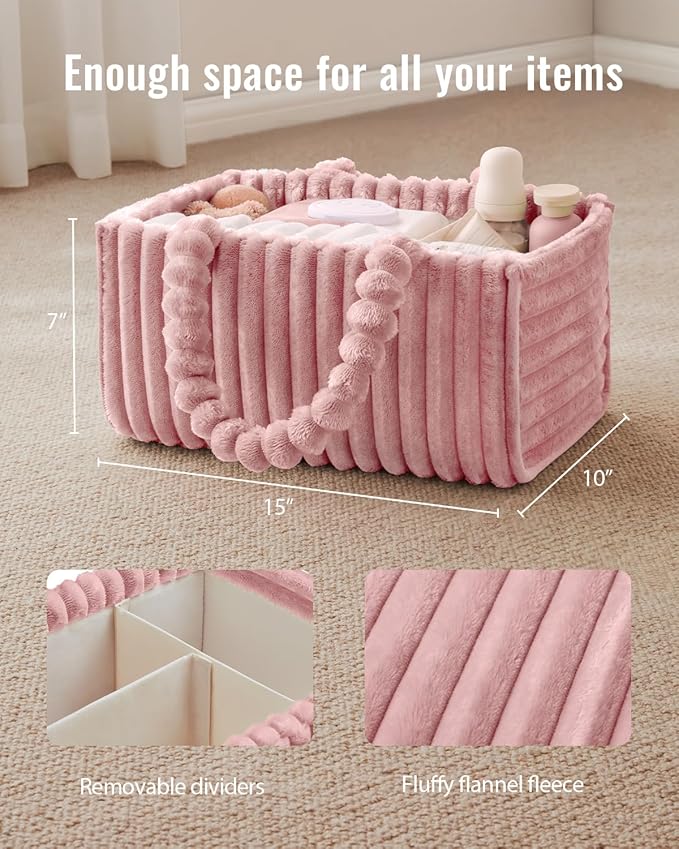 Blissful Diary Flannel Diaper Caddy Organizer, included Gift Packaging, Cozy Nursery Storage Basket, Gift for Baby Shower, Newborn Essentials, Blush Pink