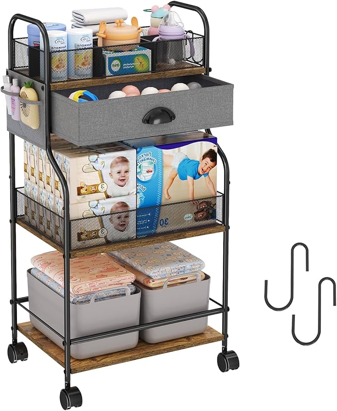 3-Tier Baby Diaper Caddy Cart Organizer with Drawer,Rolling Utility Cart & Bedside Nursery Essential Storage for Newborn Baby Stuff, 2+1 Divider, Baby Storage Organizer for Bedroom,Changing Table,Grib
