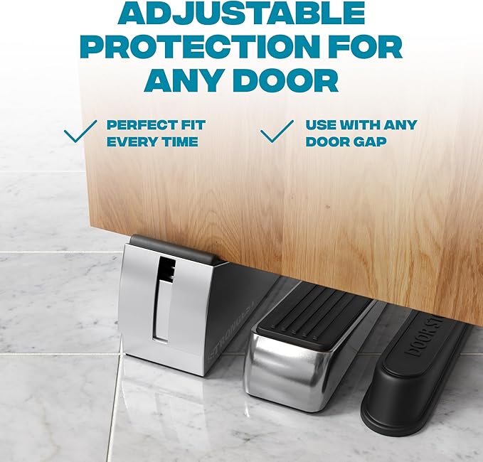 Strongest Home XL Adjustable Chrome Door Stopper with Spring – Heavy Duty Wedge for Oversized, Thick & Heavy Doors, Anti-Slip Rubber Grip, for Commercial, Home & Outdoor Use on Carpet, Wood & Tile
