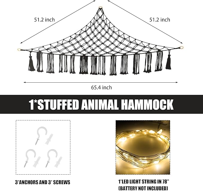 CERETIA Stuffed Animal Hammock with LED Light, Large Stuffed Animals Storage Corner Plushie Net for Kids Room Decor, Jumbo Black