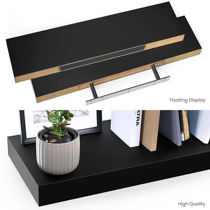 Ballucci Floating Shelves, 24" Wood Wall Shelf Set of 2, with Invisible Brackets for Bathroom, Living Room, Bedroom, Kitchen, Nursery, 6" Deep, Black