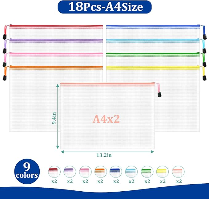 VVCOIIROEI 18pcs Mesh Zipper Pouch Bags, A4 Letter Size, 9 Colors Zipper Pouches for Organizing, File Storage Bags, Travel, School Office Organize