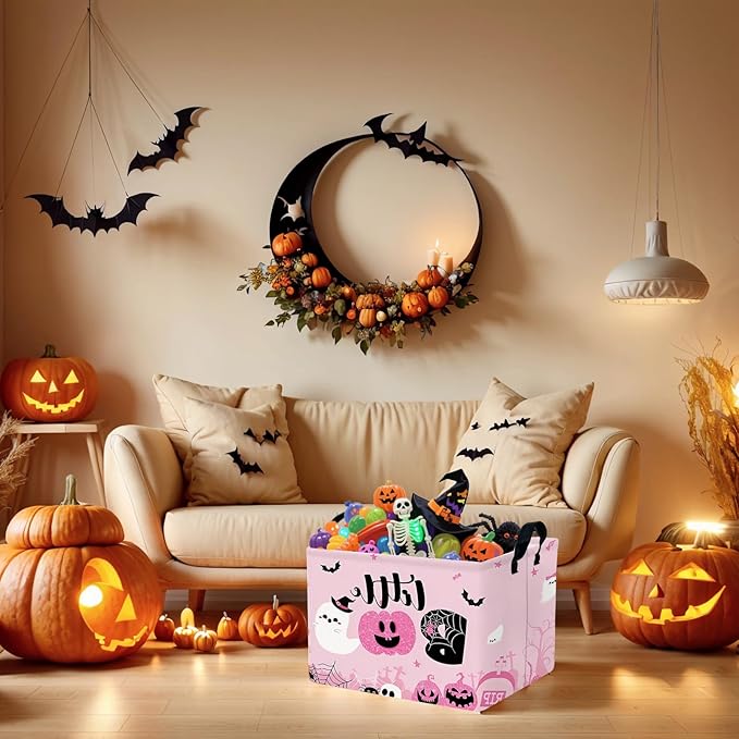 ASKETAM Halloween Basket Gift Cute Pumpkin Ghost Parties Decor Kid Trick or Treat Basket for Boys and Girls Rectangular Storage Bin Box (Pink)