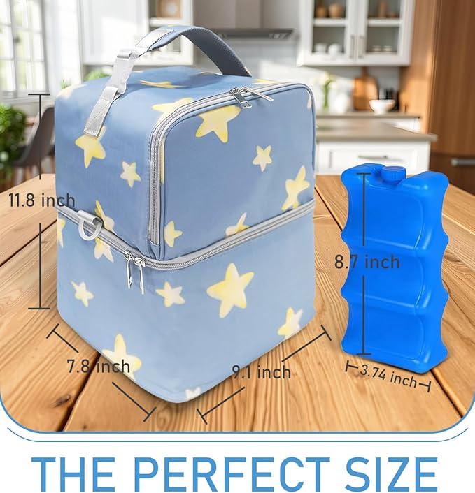 Breastmilk Cooler Bag with Ice Pack, Large Insulated Breast Pump Bottle Storage, Portable Baby Bottle Cooler for Travel, Beautiful Star Design