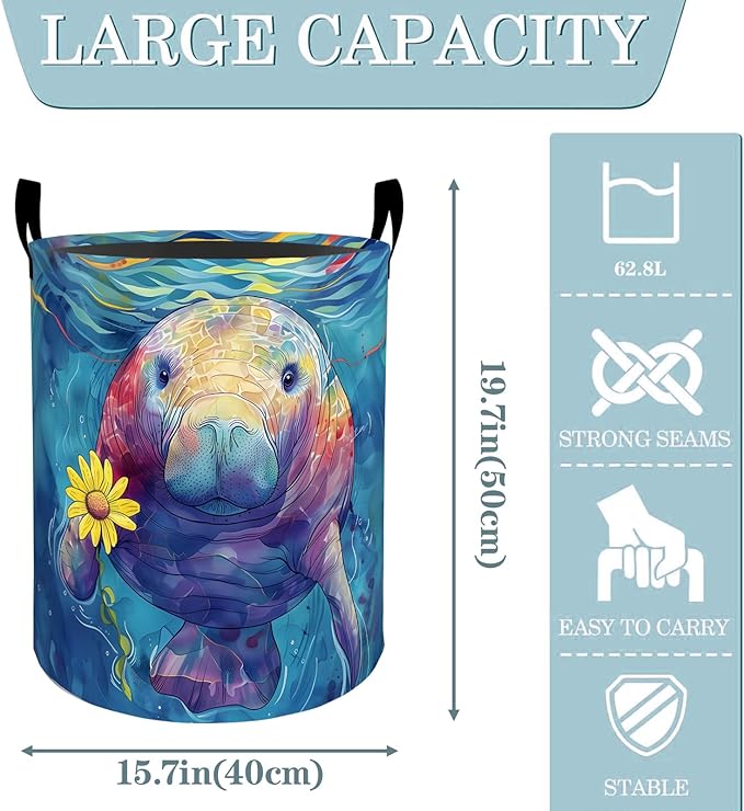 VODRM Colorful Manatee Flower Laundry Basket, Dirty Collapsible Clothes Toy Organizer Hamper for Kids Adults, Oxford Cloth Waterproof Storage Bin for Bedroom Bathroom Ocean Decor Gifts, 19.7"X15.7"
