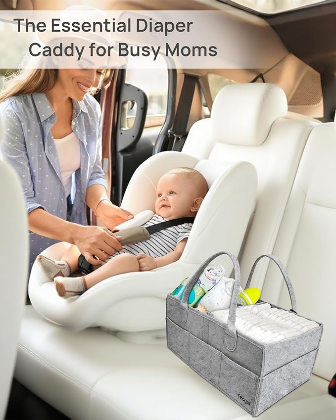Feagar Baby Diaper Caddy Organizer, 15 Inch Large with 8 Pockets & 2 Dividers, Portable Nursery Storage Basket & Car Organizer for Changing Table, Travel (Grey)