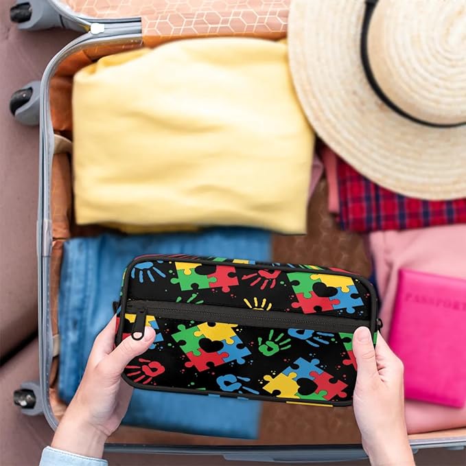 Travel Toiletry Bag for Kids Colorful Puzzle Waterproof Hanging Cosmetic Pouch Dopp Kit Medicine Organizer Bag for Girls & Boys