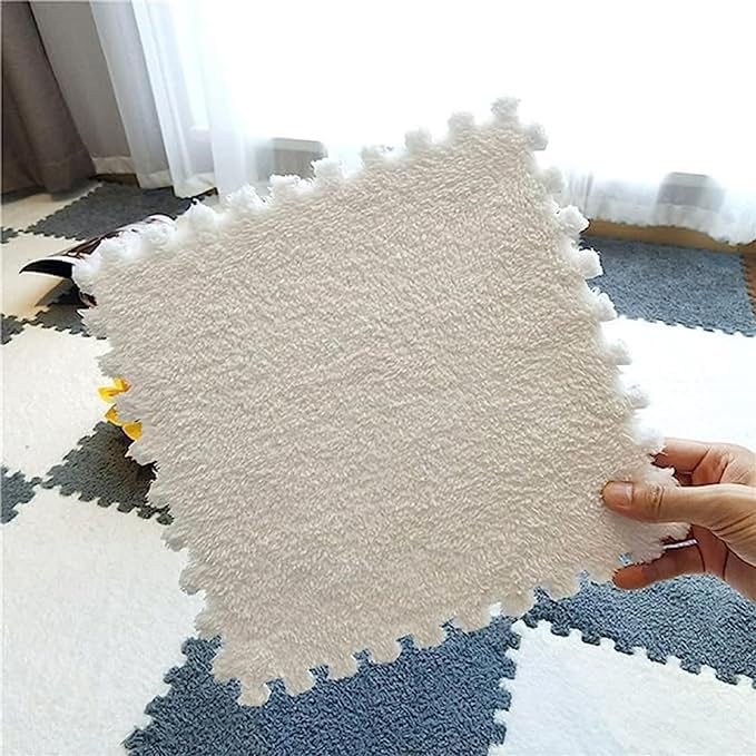 12pcs Plush Puzzle Foam Floor Mat, Cute Soft Fluffy Interlocking Square Foam Tiles Area Rugs Carpet for Parlor Bedroom Decoration(11.8x11.8x0.4in, Pink&White)