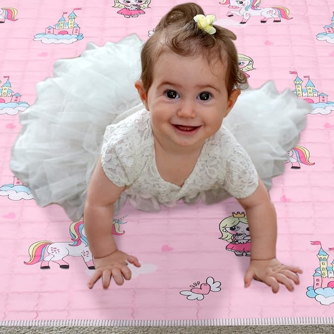 Funtery 43 x 43 Inch Boho Baby Play Mat Portable Crawling Washable Foldable Tummy Time Non Slip Baby Floor Large Playpen Mat for Infants Toddlers Floor Playpen Activity(Pink Unicorn)