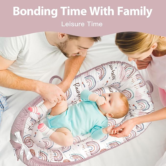 Baby Lounger-Breathable and Soft Organic 100% Cotton, Portable Infant Lounger with Removable Lounger Cover, Baby Nest Lounger for Newborn - Pink Rainbow