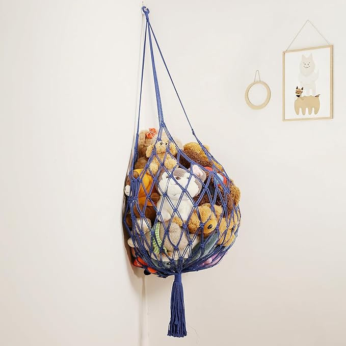 Stuffed Animal Storage Hammock Corner Hanging Net Stuffy Animal Hammock Macrame Toy Display Plush Toy Holder for Kid Bedroom Decor Boho Nursery Playroom Organizer (Blue)