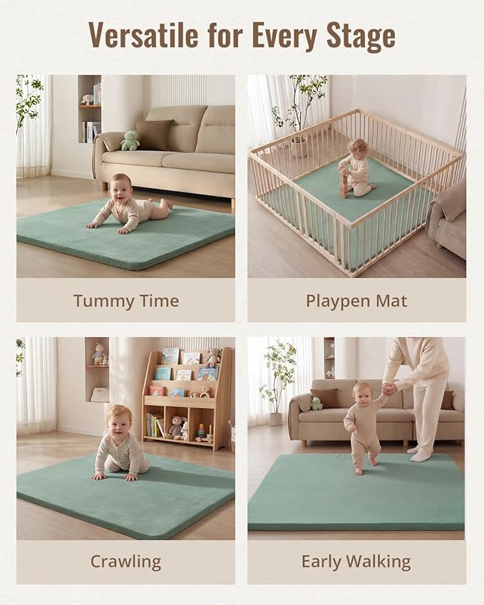 Blissful Diary 1.3" Thick Baby Play Mat, 50x50 Playpen Mat with Removable & Washable Cover, Ultra Soft Crawling Rug for Floor, Foam Cushion & Non-Slip Backing for Kid, Toddler and Infant, Sage Green