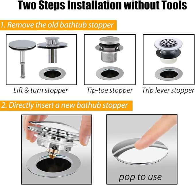 Bathtub Drain Stopper, Pop Up Tub Stopper and Cover, Bottom with Hair Catcher, Universal for 1.45 to 1.8 in Drain, Replaces Old Drain Plug, Chrome Silver