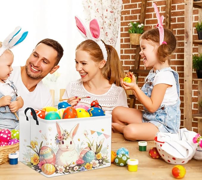 TIBAOLOVER Rectangular Easter Kids Storage Gift & Toy Bin Organizer Shelf Book Basket Room Decor (Flag Easter Bunny)