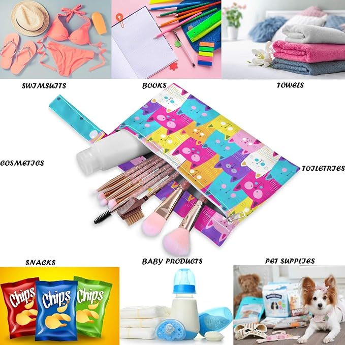 visesunny Colorful Cat 2Pcs Wet Bag with Zippered Pockets Washable Reusable Roomy for Travel,Beach,Pool,Daycare,Stroller,Diapers,Dirty Gym Clothes, Wet Swimsuits, Toiletries