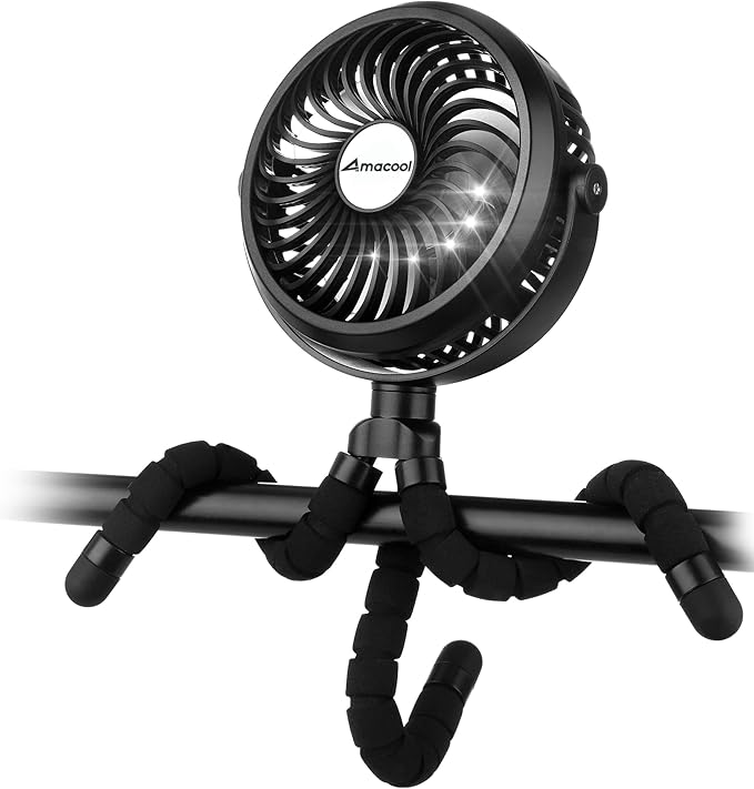 AMACOOL Battery Operated Stroller Fan, Newborn & Baby Travel Essentials, Registry Gifts, Flexible Tripod Clip On Fan with 3 Speeds and Rotatable for Car Seat Crib Bike Treadmill, Beach Essentials