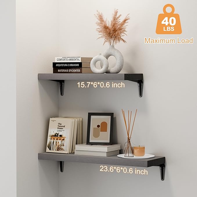 SKYSEN Floating Shelves for Wall Set of 6, 23.6in Wood Wall Shelf for Decor, Bathroom, Bedroom, Storage, Book,Kitchen, Living Room - Grey(fs-60-g)