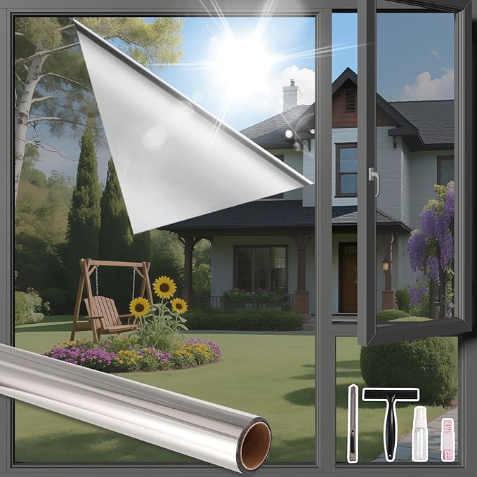 Finnez One Way Privacy Window Film Reflective Mirror Home Window Tint Film Heat Blocking No Glue Static Cling See Out Not in Glass Door Covering (Silver,17.5 Inch X 6.5 Feet)