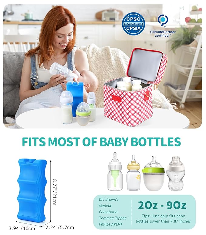 PIIOSER Breastmilk Cooler Bag with Ice Pack, Fits 6 Baby Bottles Up to 9 Oz, Stylish Baby Cooler Travel Bags with Shoulder Strap, Double Deck & Leakproof for Nursing & Working Mom-Red & White Striped